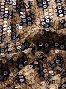 魅力时尚简约性感别致豹纹亮片立领收腰复古开衩旗袍连衣裙 - 咖啡棕 - 查看 8