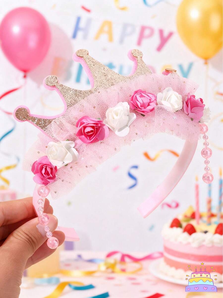 تاج من التول الوردي والأزرق 1 قطعة/2 قطعة، شريط شعر مزين بالزهور، إكسسوارات شعر أنيقة للبنات والمراهقات هدايا لحفلات عيد الميلاد