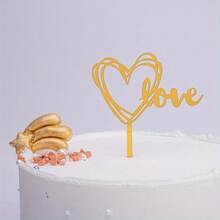 10/50pcs/Set Heart Flag Cake Toppers, Acrylic Letter Cake Flags In Gold & Silver, Cake Decorations For Birthday Party, Wedding, Valentine''s Day, Disposable Party Supplies - Multicolor - View 7