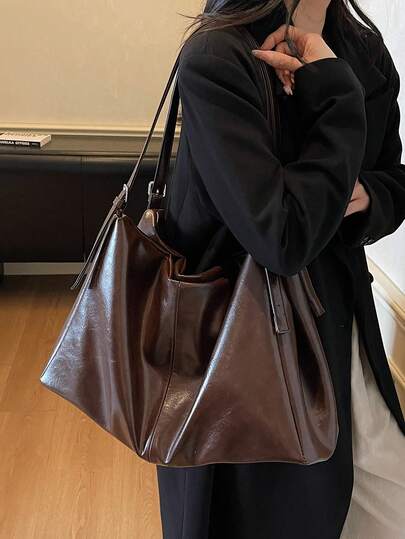 New Fashionable Retro Solid Color PU Leather Large Capacity Women Tote Bag