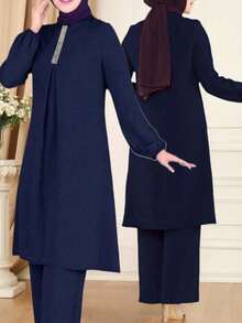 Women's Fashionable Solid Color Long Shirt & Wide Leg Pants Arabic Style 2 Pieces Set, Dignified And Appropriate - Navy Blue - View 2