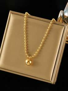 1 Set de Joyería de Collar con Colgante de Cuentas Redondas de Acero Inoxidable + Pulsera + Aretes, Adecuado para Regalo y Uso - Amarillo Oro - Ver 2