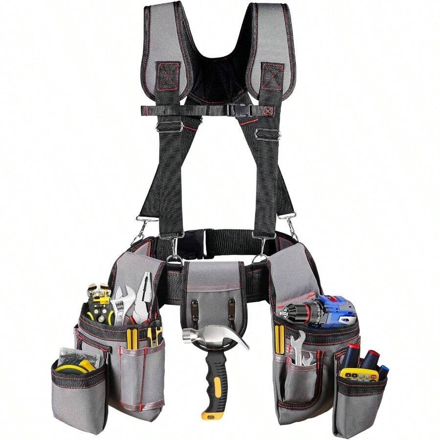 Tool Belt With Suspenders 22 Pockets Tool Bags MultiFunctional Adjustable Waist Tool Belt Heavy Duty Tool Organizer Suitable For Electrician Framers Carpenter Construction Gray Medium - Gray - View 1