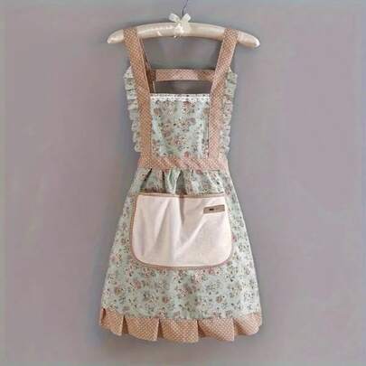 1-Piece Floral Princess Apron With Adjustable H-Shaped Shoulder Straps And Erasable Pockets - Light Blue Floral Print Polyester Apron, Suitable For Cooking, Baking, Gardening, Outdoor Activities - Durable And Fashionable Kitchen And Garden Clothing, Baking Essential, Decorative Apron, Easy-To-Clean Material