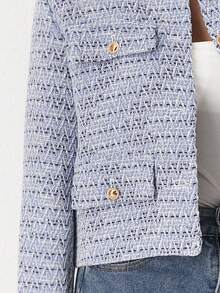 Áo khoác nữ TRAFZA thanh lịch, kiểu dáng thường ngày, chất liệu vải tweed, cổ tròn, tay dài, màu trơn, thích hợp cho mùa xuân. - Xanh và trắng - Xem 8