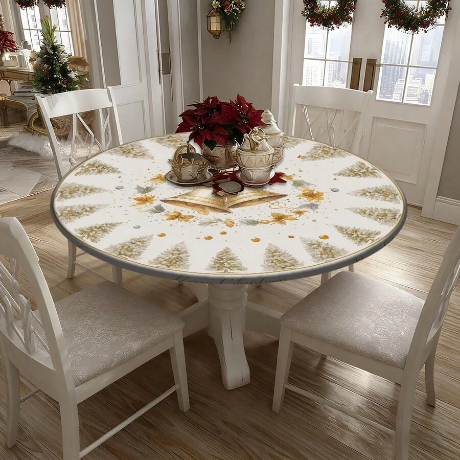 Toalha de mesa elástica redonda com sino de Natal, 1/36 peças, design festivo de Natal, capa de mesa lavável de poliéster durável para piqueniques internos/externos, camping, jantares festivos (serve para mesas padrão), toalha de mesa de Natal, capa de mesa de piquenique, decoração de mesa festiva