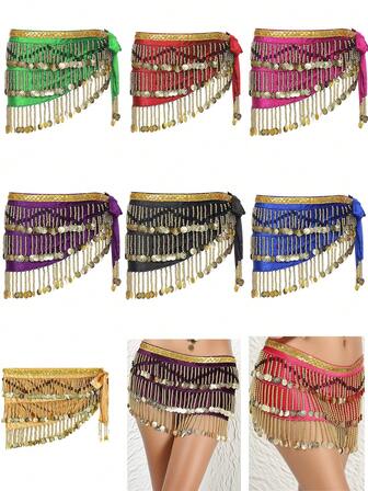 وشاح خصر للرقص الشرقي للنساء مزين بالترتر والشرابات المعدنية - وشاح خصر للعروض والحفلات