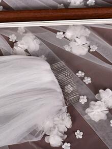 1 件手工花卉串珠大教堂新娘面纱，适用于婚礼、摄影道具、短注册处面纱，带发梳 - 米色 - 查看 7