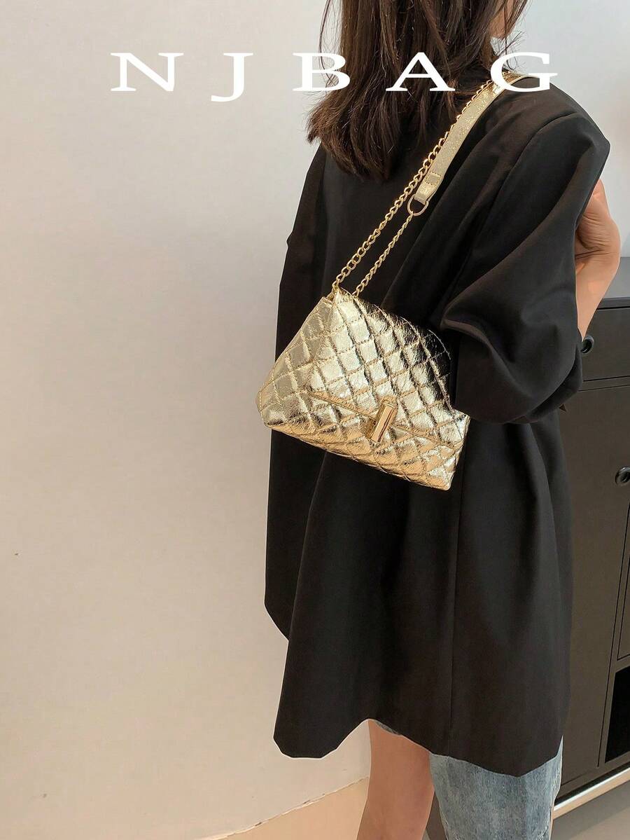 Stitching Metallic Glossy Flap Crossbody Bag