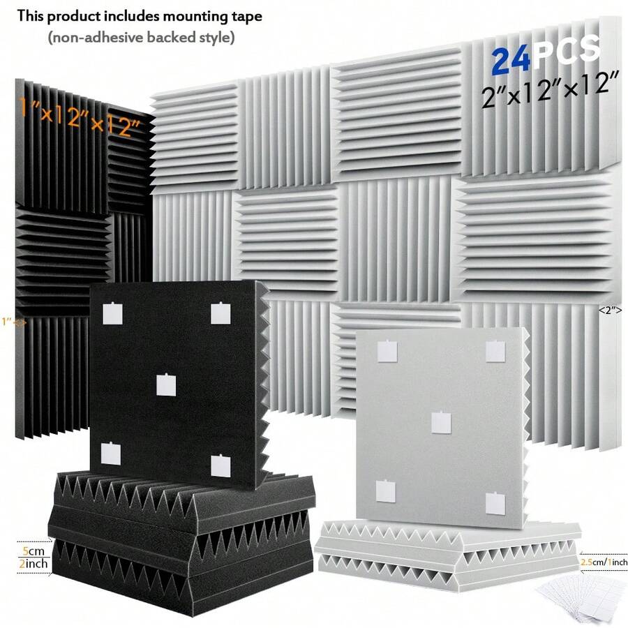 OLOEY 24 piezas - OLOEY Paneles de espuma acústica de 12x12x1 pulgadas / 12x12x2 pulgadas, paneles de espuma absorbente de sonido con ranuras en forma de triángulo para insonorización de paredes y techos, paneles de espuma de estudio de alta densidad
