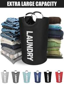 1个92升大号黑色可折叠洗衣篮,便携式手持洗衣篮,优质牛津布收纳袋,独立式高款衣物篮,浴室收纳篮,节省空间脏衣分类篮,适用于浴室、宿舍、阳台,洗衣袋,衣物袋,防水袋,收纳袋,衣物整理袋,衣物收纳袋,打包袋,旅行必备品 - 彩色 - 查看 3