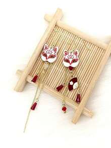 一对可爱狐狸和猫咪不对称设计耳环，适合女士，适合约会 - 彩色 - 查看 3