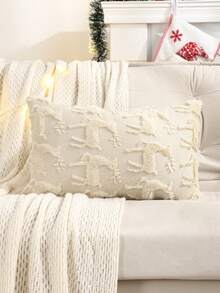 1pc Christmas Decorative Pillow Cover, Plush Quilted Embroidered Reindeer Design, Suitable For Winter Farmhouse, Living Room, Bedroom, Holiday - Beige - View 8