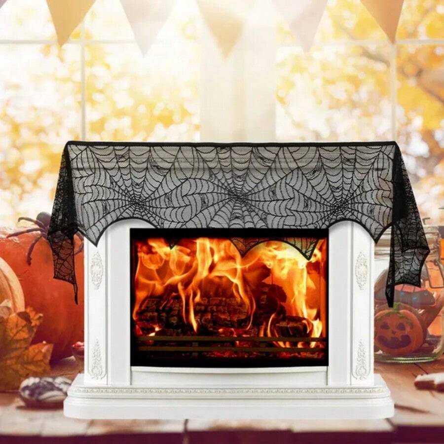 Halloween Fireplace Mantle Scarf - 96x18 Inch Black Lace Scarf With Spider Web, Bat & Spider Design, Lightweight Durable - Ideal For Haunted House, Party, Window, Dining Table Decor