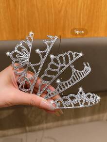 5pcs Silver Crown Tiara, Fashionable & Sweet Style, Suitable For Performance And Birthday Party, Affordable Hair Accessories - 銀色 - 查看 2