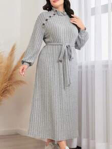 Vestido de punto acanalado de manga larga y elegante talla grande, con cuello alto, decoración de botones y cinturón de lazo para mujeres