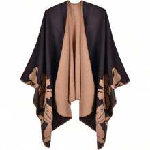 Women's Warm Shawl Wrap Cape Winter Cardigan Sweaters Open Front Poncho - X3-棕色(花) - 查看 1