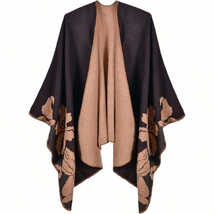 Women's Warm Shawl Wrap Cape Winter Cardigan Sweaters Open Front Poncho - X3-棕色(花) - 查看 1