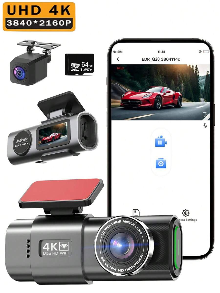 4K 前后行车记录仪,内置 WiFi,170° 广角,夜视,24 小时停车监控,G 传感器,WDR,1.47 英寸 IPS 屏幕,(最大支持 256GB)- 带应用程序的车载行车记录仪 - 黑色 - 查看 1