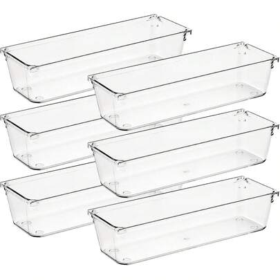 6pcs Drawer Storage Boxes - 3" X 9" Plastic Storage Containers, Acrylic Desktop Organizer Trays With Non-Slip Pads, Transparent Makeup, Jewelry, Kitchen, Bathroom And Office Supplies Holder