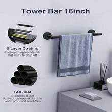Bathroom Hardware Set - 16inch Towel Bar, Black Towel Ring & Toilet Paper Holder & Hook (6 Pieces), Wall Mounted SUS304 Stainless Steel Towel Rack