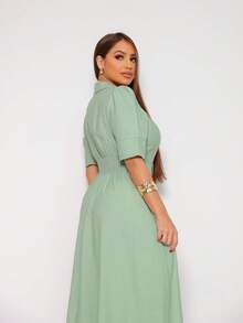 Women's Midi Dress With V-Neckline, 3/4 Sleeves, White Thread Detail On The Bust And Belt With Buckle In Sensory Fabric, Elegant Fashion - Màu xanh Bạc hà - Xem 6