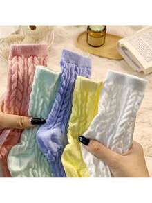 5 Pairs Of Macaron Mixed-Color Cable-Knit Socks: Soft & Elevate Your Daily Looks - 5 Pairs - 查看 7