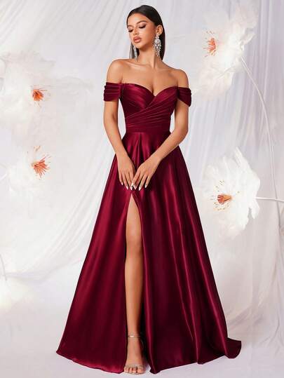 Vestido elegante de mujer con hombros descubiertos, fruncido, cintura alta, corte evasé y espalda descubierta con lazo, adecuado para bailes, fiestas, graduaciones, cumpleaños, galas, homecomings, atuendo de invitado de boda, cenas formales y celebraciones de Año Nuevo