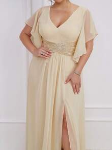 UNITHORSE Plus Size Bridesmaid Dress With Sequin Waist, Ruffle Hem And Side Slit, Chiffon - Apricot - View 7
