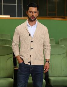 URRU Mens Shawl Collar Cardigan Sweater Casual Slim Fit Button Down Cable Long Sleeve Knitted Sweater With Pockets - 卡其色 - 查看 4
