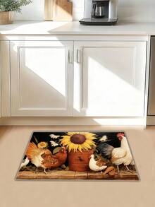 1 szt. Urocza mata kuchenna w stylu wiejskim – wzór kurczaka i słonecznika, zmywalny dywanik wejściowy, odpowiedni do kuchni, jadalni, wystroju wnętrz, wnętrz, dekoracji wiosennych – miękki, antypoślizgowy, łatwy do czyszczenia, trwały, wielofunkcyjny dywanik do miejsc o dużym natężeniu ruchu