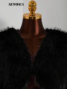 女士高级黑色人造毛皮短款修身长袖外套，低调奢华美学，适合假日、晚宴、正式场合 - 黑色 - 查看 5