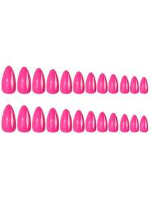 24pcs Bright Pink Press-On Nails, Short Oval Shaped Nails, Fluorescent Color Fake Nails, Handmade Acrylic Gel False Nails, Thickened Dusty Rose Short Almond Shaped Nails Suitable For All Fingers Nail Supplies - Hot Pink - View 3