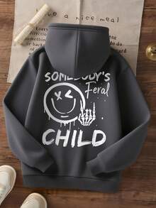 1pc Tween Boy Casual Printed Pullover Sweatshirt, Thermal Lined, Long Sleeve, Autumn/Winter - Dark Grey - View 3