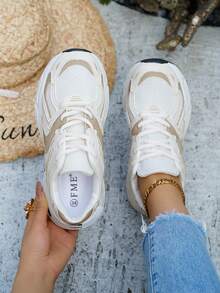 Sports Style, Lace-Up, 2026 Spring, Summer And Autumn New Thick-Soled Soft Leather Thick-Soled Sports Shoes, Women's Mesh Breathable Running Shoes, Casual Sports Shoes - 米色 - 查看 5