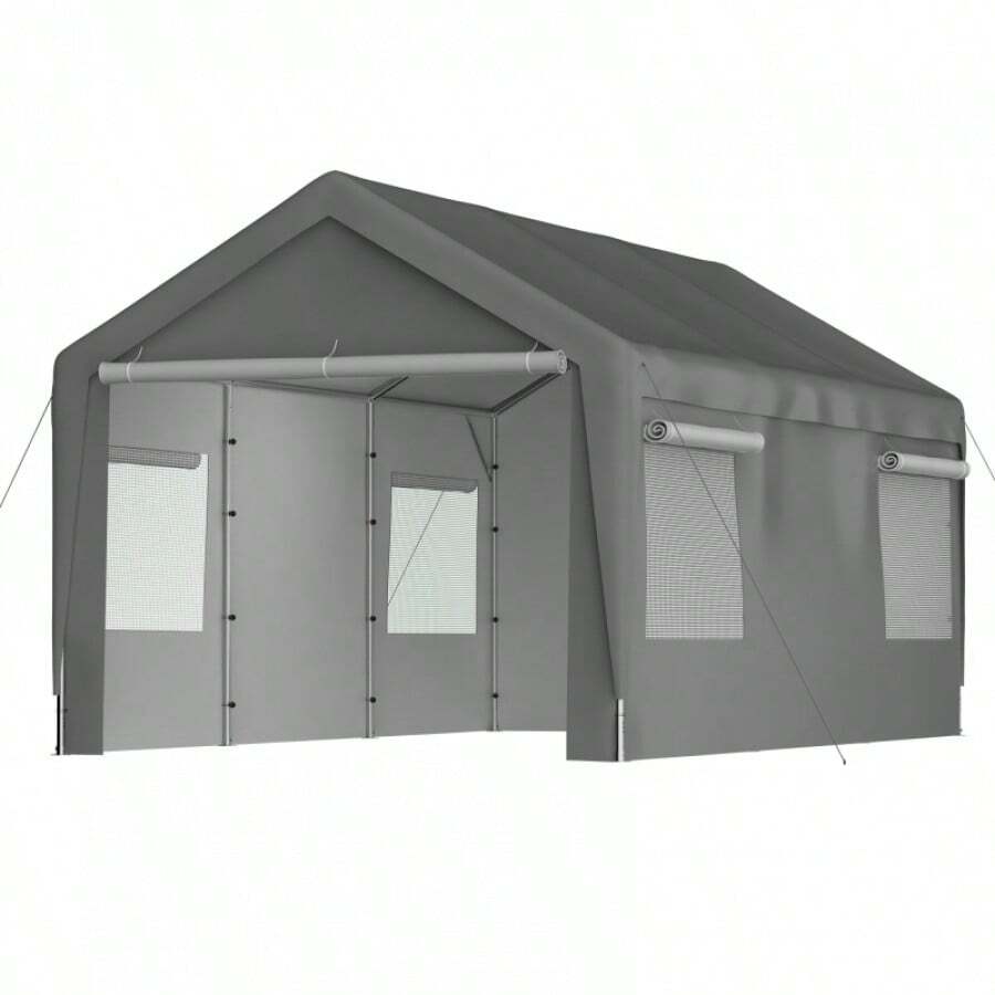 Carport Garage Zelt 3x6m, Grau, Winterfest Mit Roll-Up-Fenster, Abnehmbare Seitenwände Und Dach, Lagerzelt, Stallzelt, Schutzabdeckung Für Auto, SUV, Boot & LKW - 311x593x277 cm - View 1