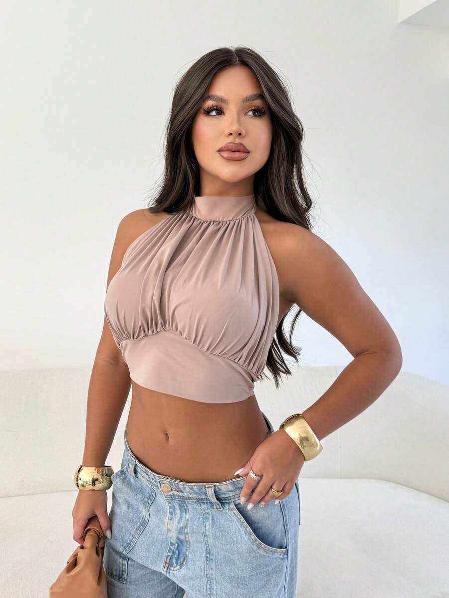 Cropped Top Balloon Neck Tie Suplex Sensual Elegant Blouse - 卡其色 - 查看 1