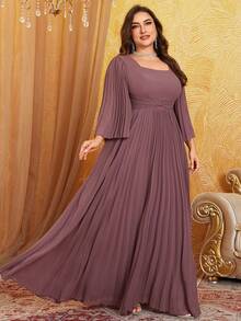 Elegant Flared Cuff Bowknot Design Flowy Chiffon Dress With Square Neck And Waist Pleats