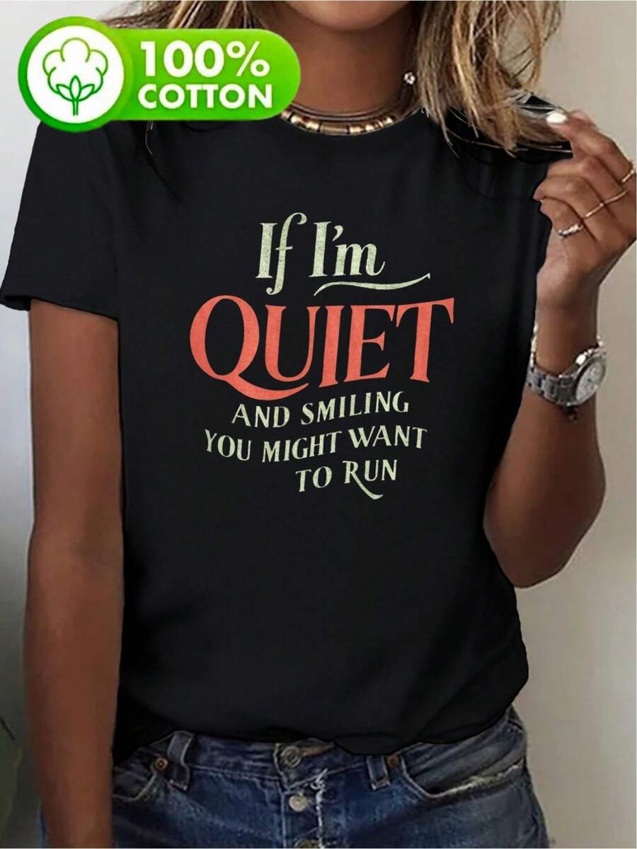 Camiseta de manga corta con estampado gráfico divertido para mujer con cuello de tripulación, patrón de letra, para primavera y verano, tops casuales - Negro - Ver 1