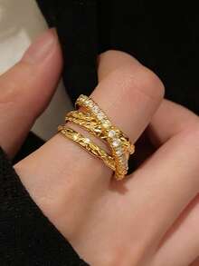 5pcs Fashion Cubic Zirconia Open Copper Rings Set, Suitable For Women's Wedding, Party, Holiday Gift (Gift Box Not Included) - Yellow Gold - View 8