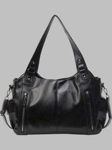 DareSee Waterproof Business Casual PU Tote Black Bag Multi-Pocket Design With Compartments Shoulder Bag Multifunctional Crossbody Bag Suitable For Teen Girls, Female College Students, White-Collar Workers And Rookies, Perfect For Work, Business Commuting, Shopping, Outdoor Travel And School, Large Capacity Bag For Women Music-Fest Y2K-Fest Back To School Autumn , Bags Perfect For Fancy Party Matching With Costumes Winter Gifts Music Fest - Black - View 1