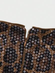 魅力时尚简约性感别致豹纹亮片立领收腰复古开衩旗袍连衣裙 - 咖啡棕 - 查看 9