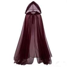 1PC  Burgundy   Long Witch Costume & Elegant Bridal Cape   Halloween Hooded Mesh Cape Cloak - 酒紅色 - 查看 1