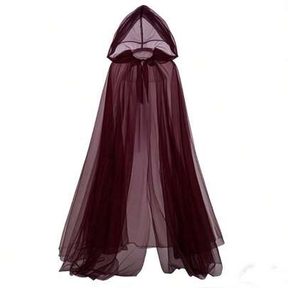 1PC  Burgundy   Long Witch Costume & Elegant Bridal Cape   Halloween Hooded Mesh Cape Cloak