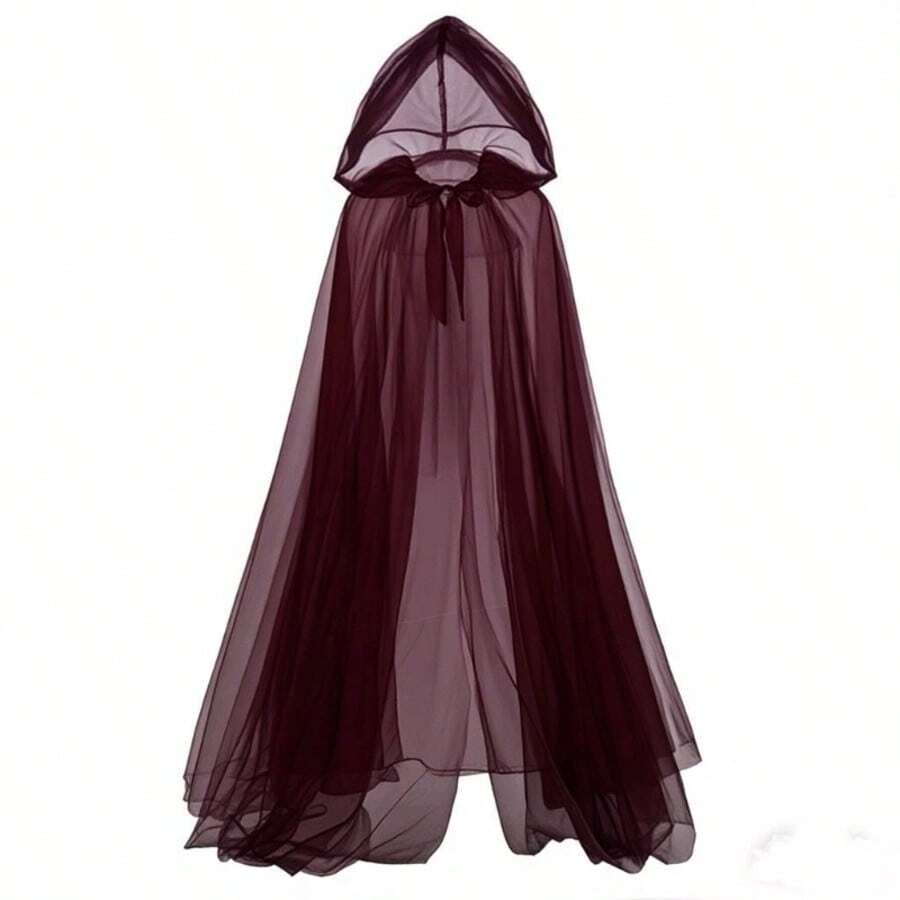 1PC Burgundy Long Witch Costume & Elegant Bridal Cape Halloween Hooded Mesh Cape Cloak - 酒紅色 - 查看 1