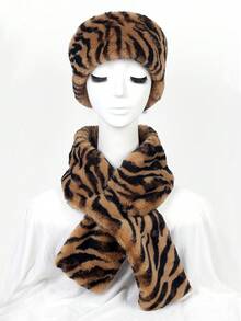 1pc Women's Leopard Print Casual Headband Scarf Set With Beret Hat, Warm & Versatile Faux Fur Cap, Autumn/Winter - Multicolor - View 24