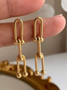 1 Pair Fashionable Stainless Steel Horseshoe Chain Earrings, Stylish Design, Available In Gold Color, Essential Jewelry For Women - Horseshoe Buckle Earrings - View 2