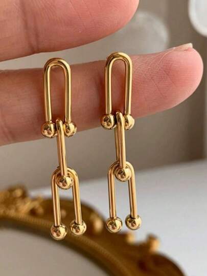 1 Pair Fashionable Stainless Steel Horseshoe Chain Earrings, Unique Design, Available In Gold Color, Essential Jewelry For Women