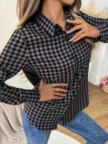 Áo sơ mi kẻ caro cho nữ, áo kiểu cổ điển cài một hàng khuy dài tay cho công sở và hàng ngày, áo sơ mi kẻ sọc thường ngày, áo nữ in họa tiết mùa xuân hè thu đông 2025 hàng mới về màu đen - màu đen - Xem 8