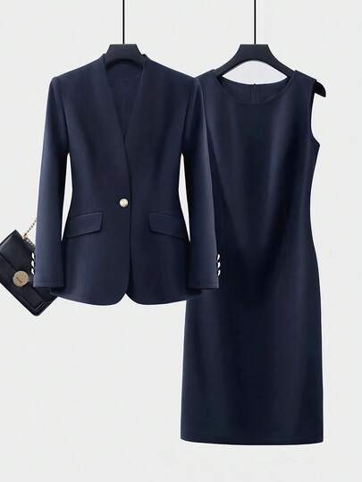 Women's Slim Fit Single-Breasted Long Sleeve Blazer And Sleeveless Dress Suit Set, Lightweight For Commuting